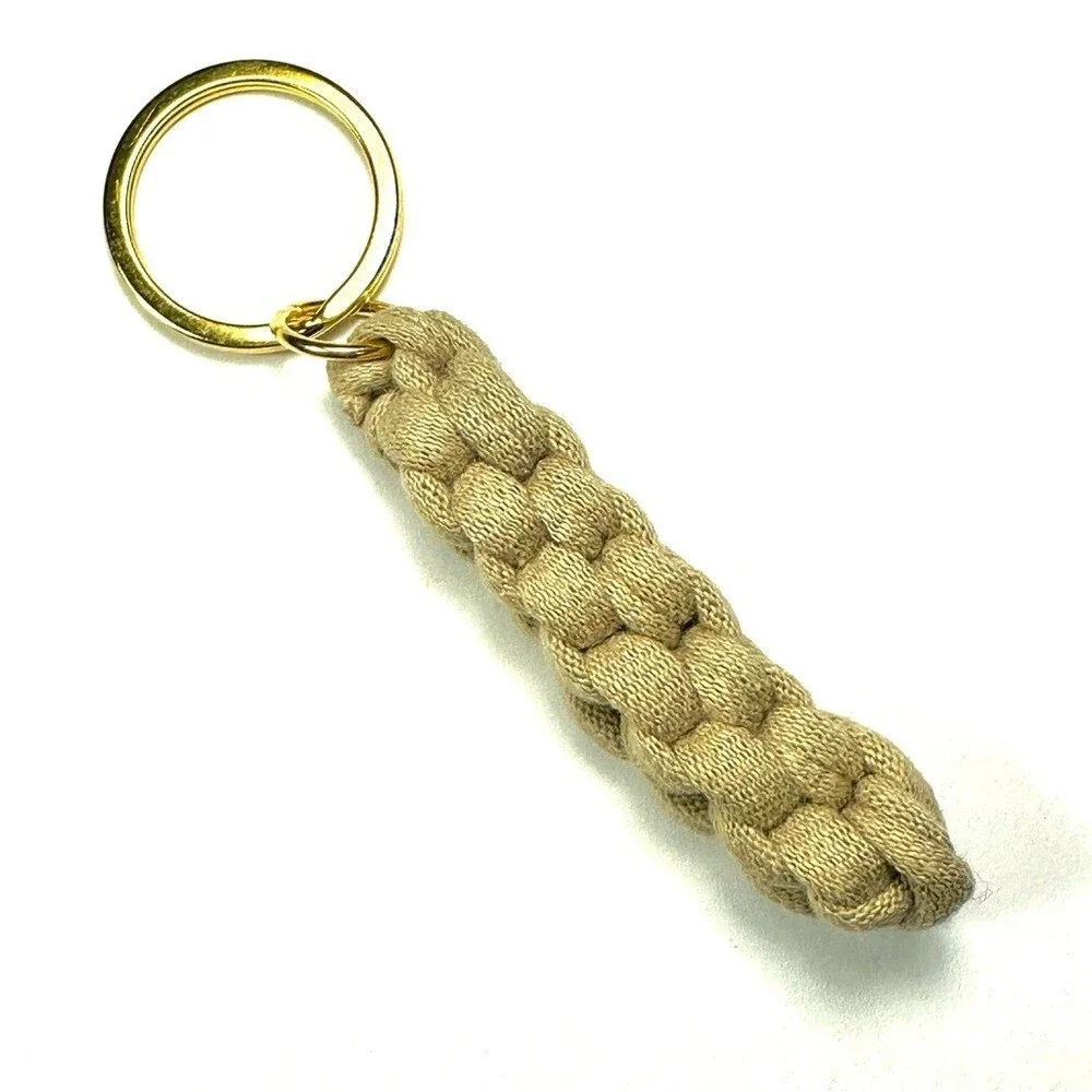 Tan Box Knot Keychain Gold Ring Braided T-Shirt Yarn Macrame Nautical Lanyard